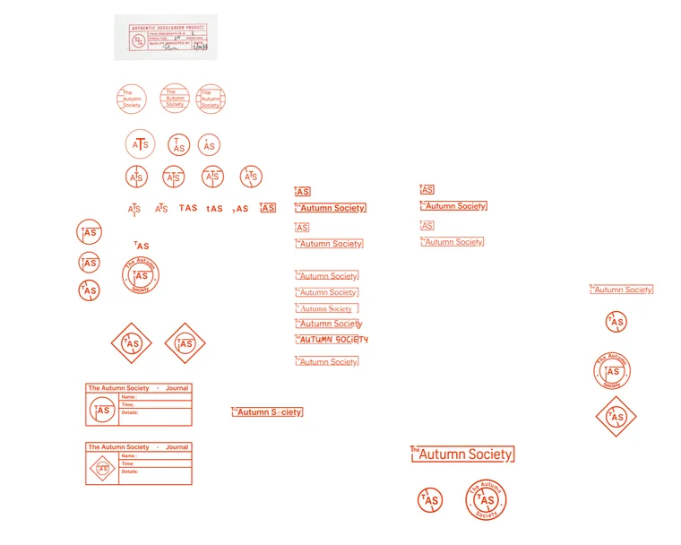 A sheet of logo and stamp explorations for the 'TAS' monogram and wordmark.