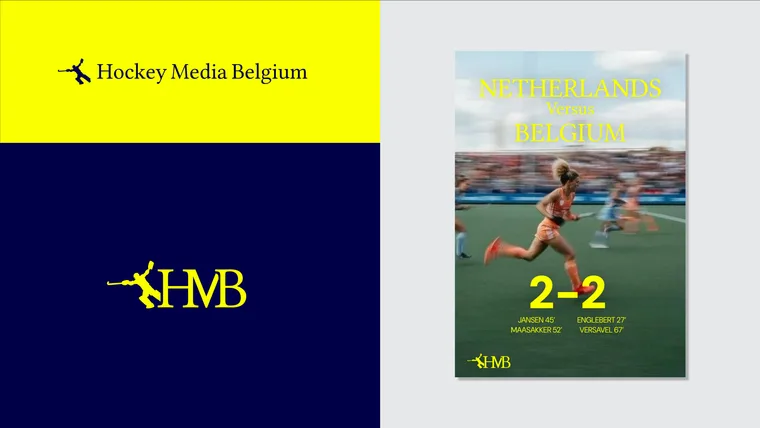 Logo lockups on yellow and navy beside a Netherlands versus Belgium match graphic.