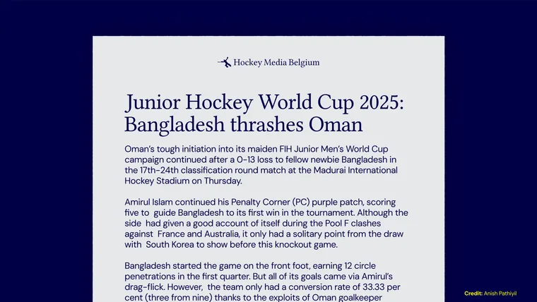 An article layout reporting on the Junior Hockey World Cup, with the serif masthead.