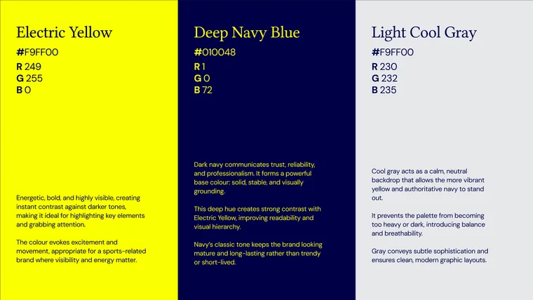 The colour palette: electric yellow, deep navy and light cool gray.
