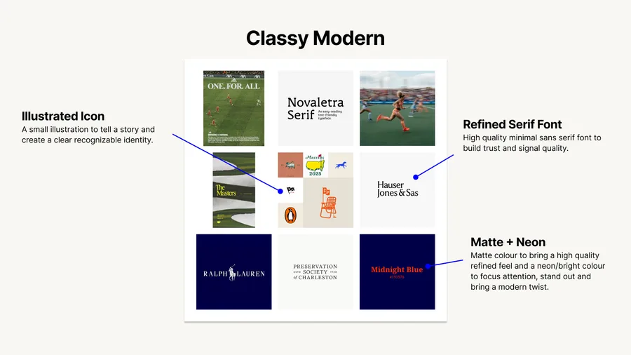 The Classy Modern moodboard: a serif typeface, matte colours with a neon accent and an illustrated icon.