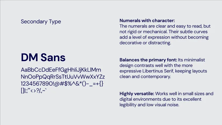 The secondary typeface, DM Sans, used for body copy, scores and statistics.